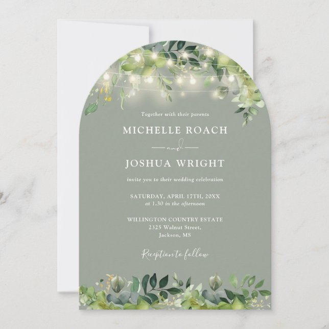 Greenery Lights Arch Sage Green QR Code Wedding Invitation (Front)