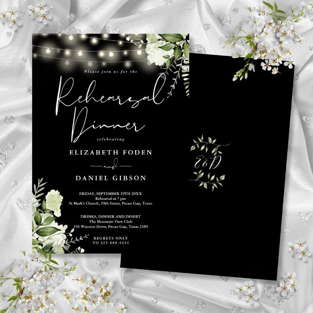 Greenery Lights Black And White Rehearsal Dinner Invitation (Greenery Lights Black And White Rehearsal Dinner Invitation)