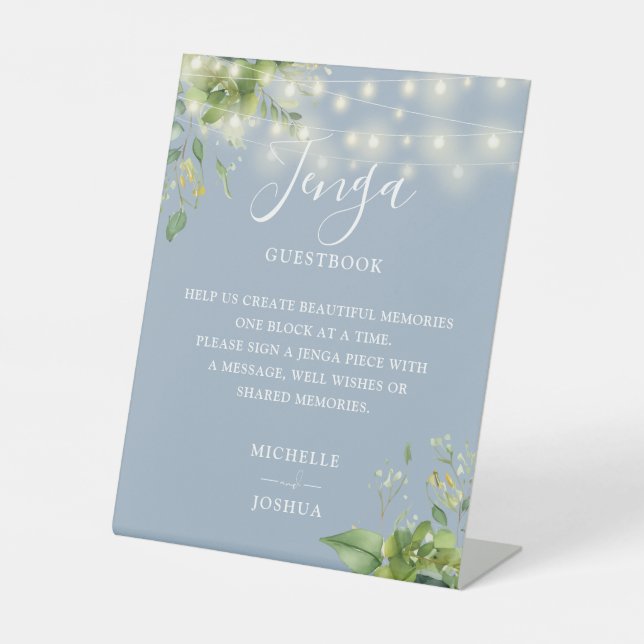 Greenery Lights Dusty Blue Jenga Wedding Guestbook Pedestal Sign (Front)