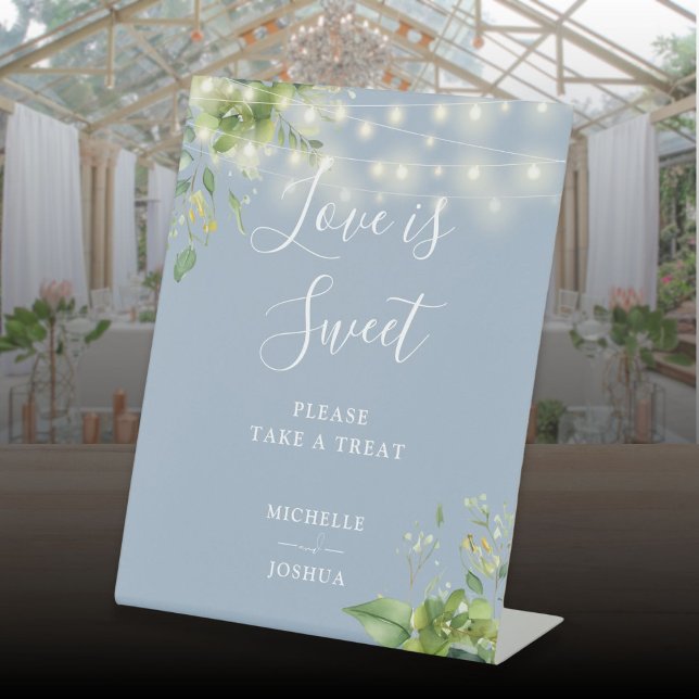 Greenery Lights Dusty Blue Love Is Sweet Favors Pedestal Sign (Greenery Lights Dusty Blue Love Is Sweet Favors Pedestal Sign)