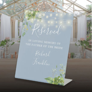 Greenery Lights Dusty Blue Memory Reserved Wedding Pedestal Sign