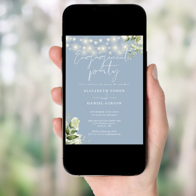 Greenery Lights Dusty Blue Photo Engagement Party Invitation (Front Digital)