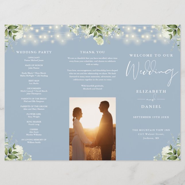Greenery Lights Dusty Blue Trifold Wedding Program Flyer (Front)