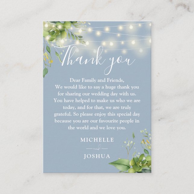 Greenery Lights Dusty Blue Wedding Thank You Place Card (Front)