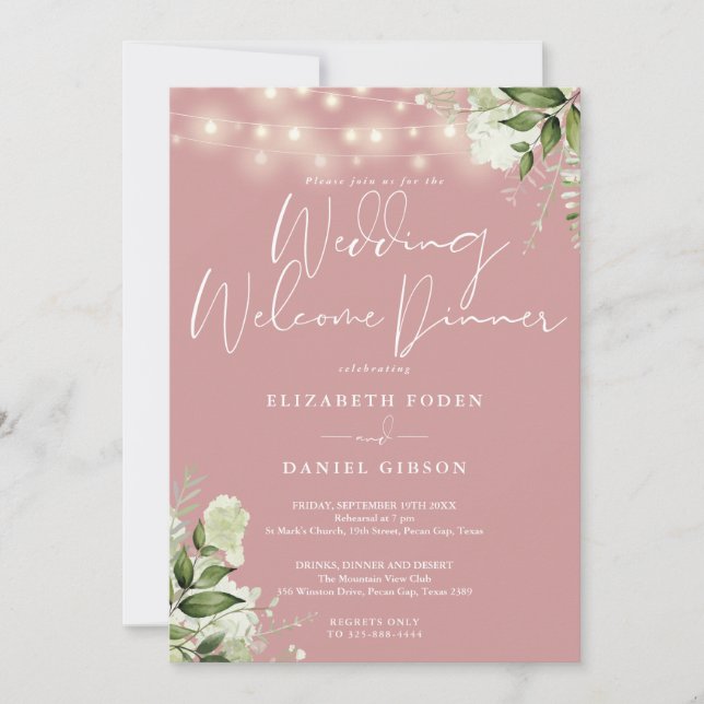 Greenery Lights Dusty Rose Wedding Welcome Dinner Invitation (Front)