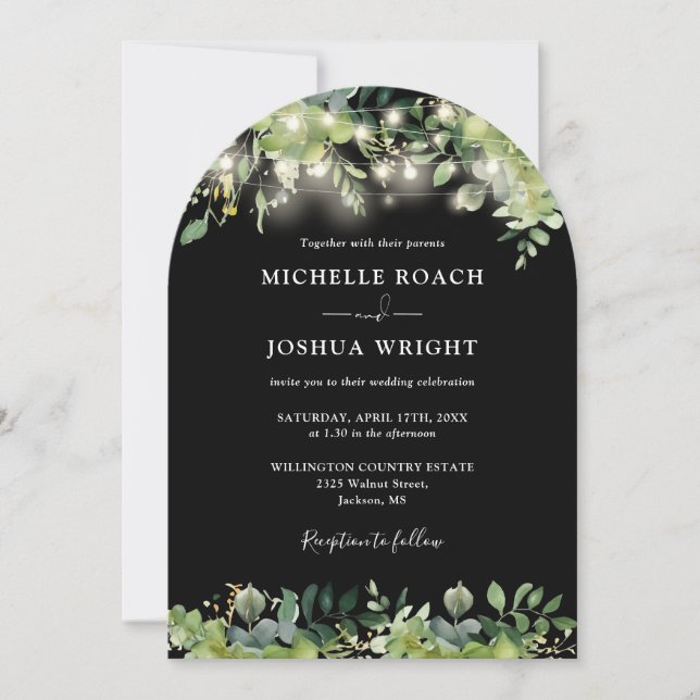 Greenery Lights Monogram Black And White Wedding Invitation (Front)