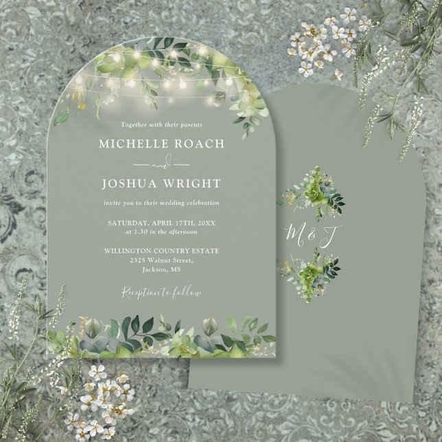Greenery Lights Monogram Sage Green Wedding Invitation (Greenery Lights Monogram Sage Green Wedding Invitation)