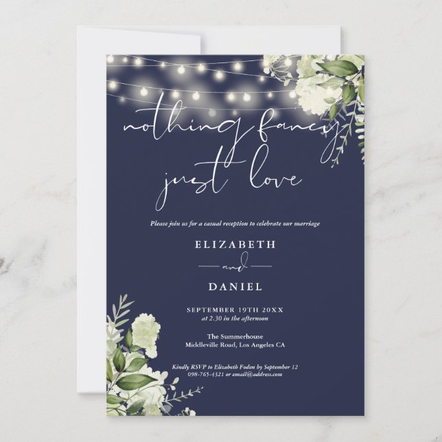 Greenery Lights Navy Elopement Wedding Reception Invitation (Front)