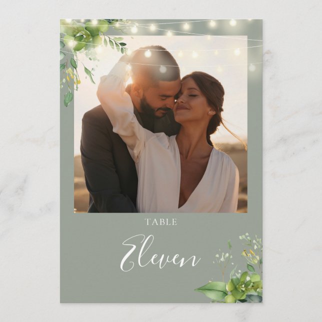 Greenery Lights Photo Sage Green Table Number (Front)