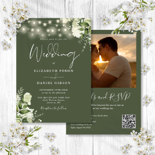 Greenery Lights QR Code Photo Olive Green Wedding Invitation