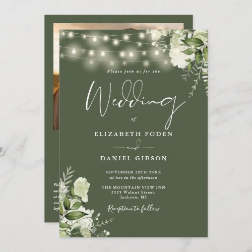 Greenery Lights QR Code Photo Olive Green Wedding Invitation