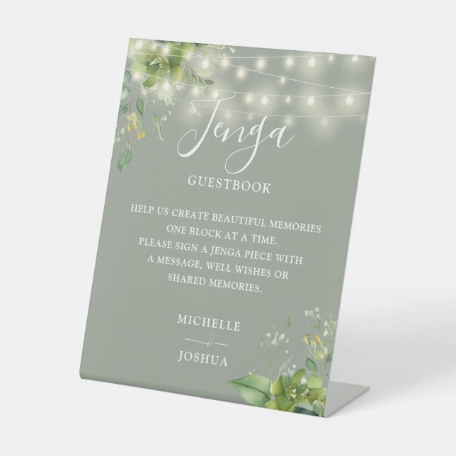 Greenery Lights Sage Green Jenga Wedding Guestbook Pedestal Sign (Front)