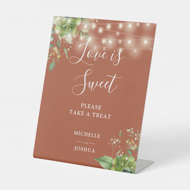 Greenery Lights Terracotta Love Is Sweet Favors Pedestal Sign (Front)