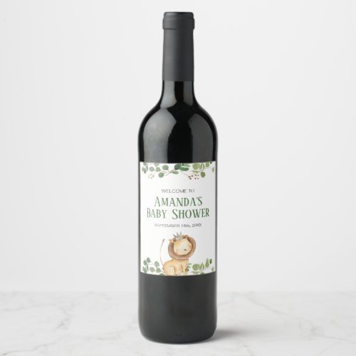 Greenery Lion Baby Shower Floral Wine Label
