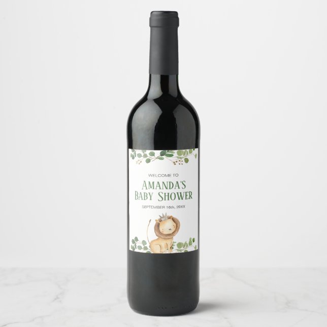 Greenery Lion Baby Shower Floral Wine Label (Front)