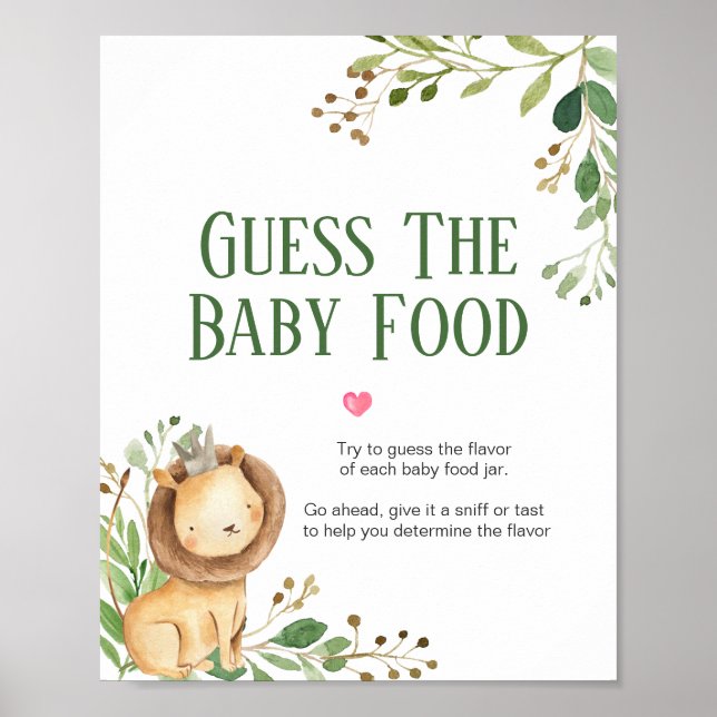 Greenery Lion Baby Shower Guess the Baby Food Poster (Front)