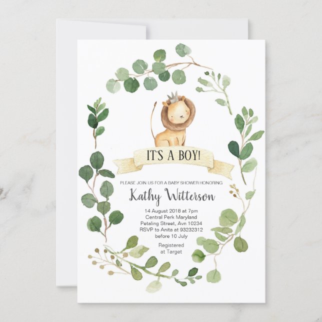 Greenery Lion Baby Shower Invitation (Front)