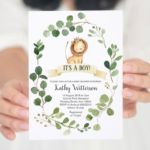 Greenery Lion Baby Shower Invitation