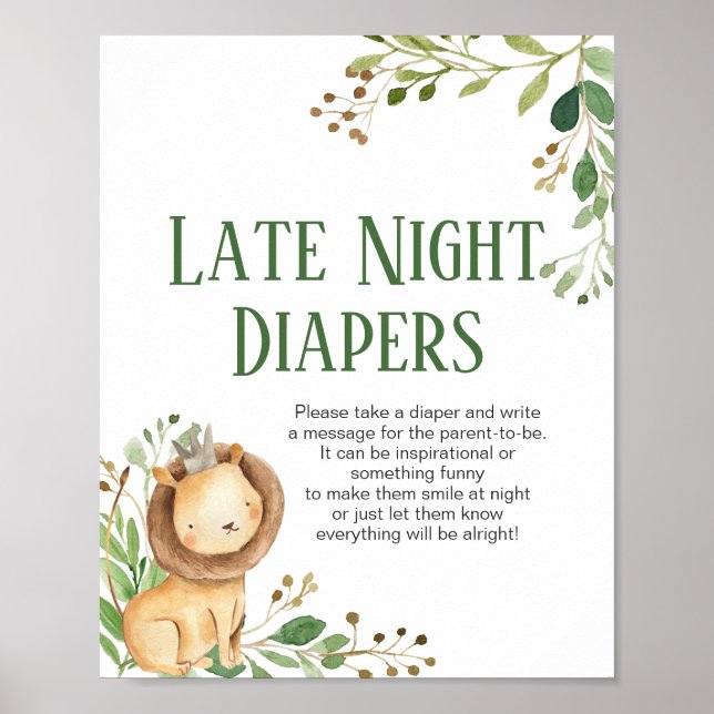 Greenery Lion Baby Shower Night Diapers Sign (Front)