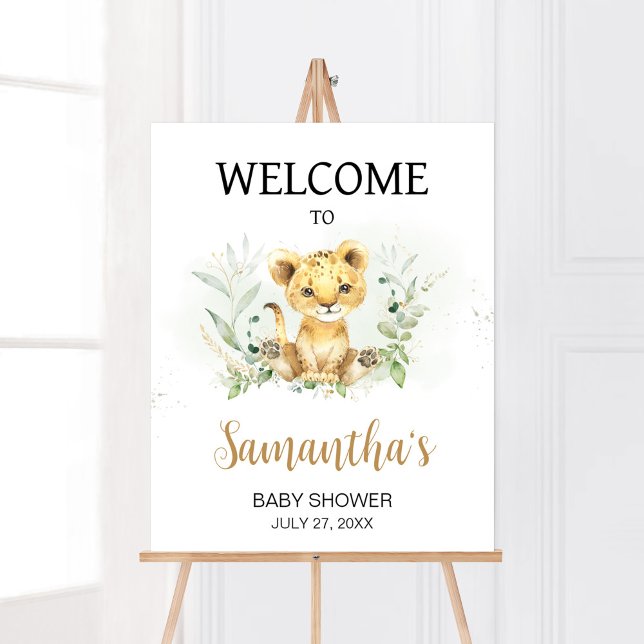 Greenery Lion Baby Shower Welcome Poster (Gender Neutral Lion Jungle Baby Shower Welcome Sign)
