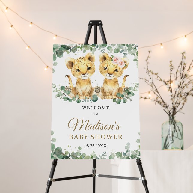 Greenery Lions Twins Boy Girl Baby Shower Welcome Foam Board (In Situ (Stand))