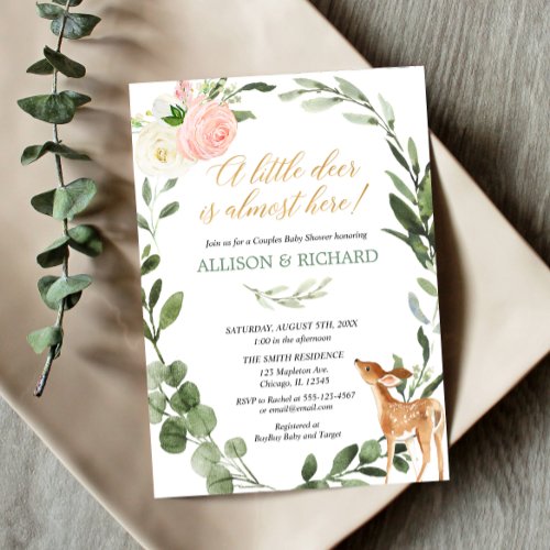 Greenery little deer couples baby shower pink gold invitation