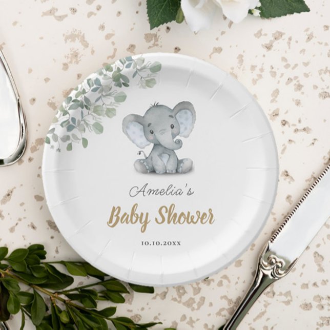 Greenery Little Elephant Baby Shower Paper Plates (Creator Uploaded)