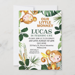 Greenery Little Monkey Boys Birthday Invitation