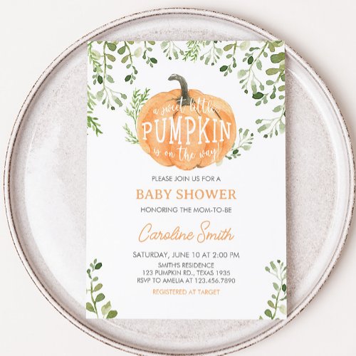 Greenery Little Pumpkin Baby Shower Invitation