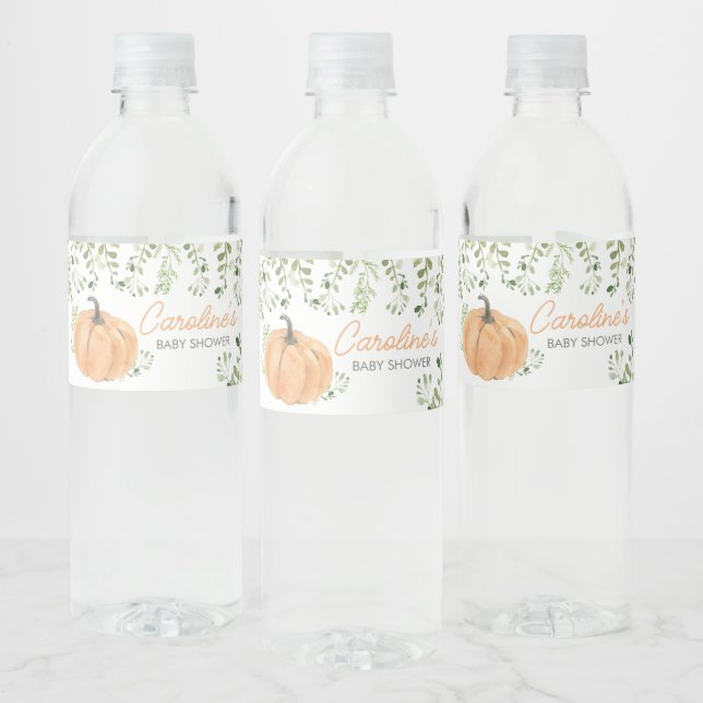 Greenery Little Pumpkin Baby Shower Water Bottle Label (Bottles)