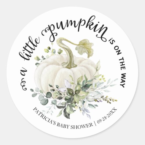 Greenery Little Pumpkin Fall Baby Shower Classic Round Sticker