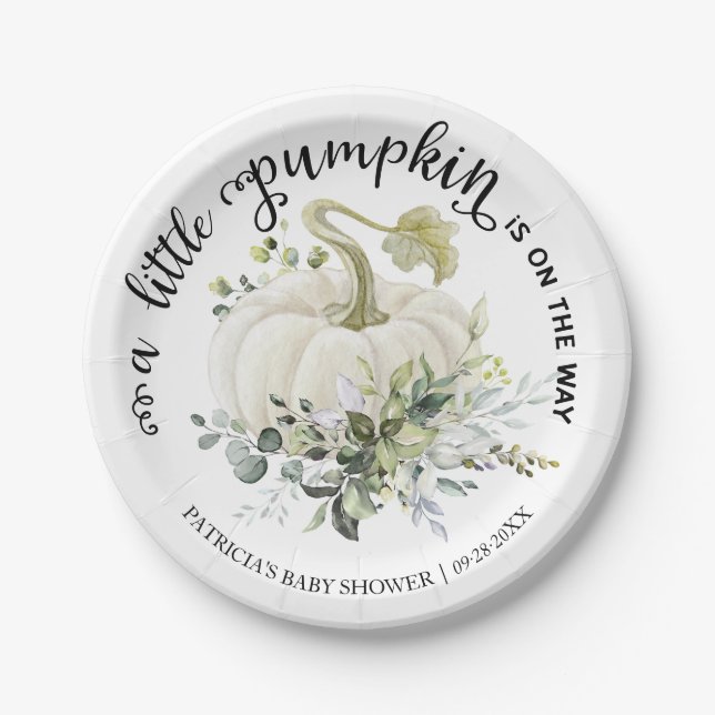 Greenery Little Pumpkin Fall Baby Shower Paper Plates (Front)