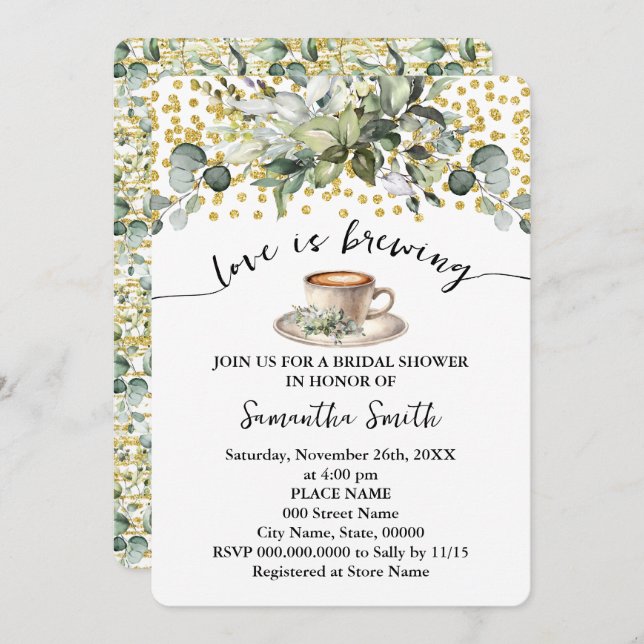 Greenery Love is Brewing Bridal Shower Coffee Bar Invitation (Front/Back)