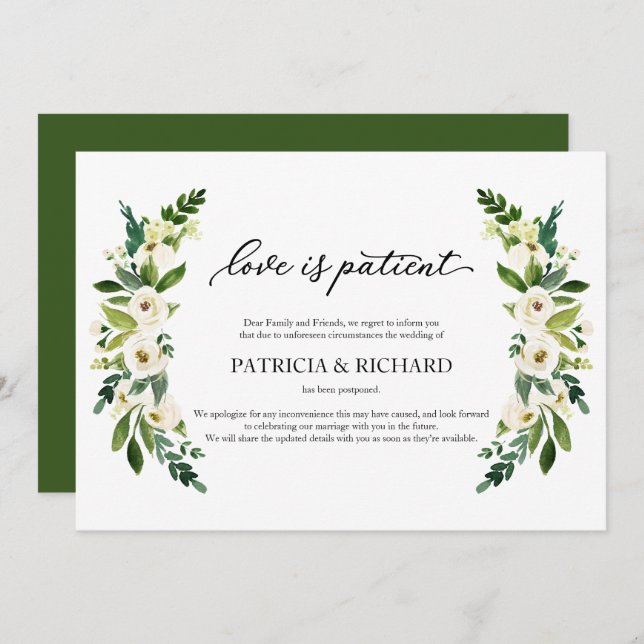 Greenery Love Is Patient Wedding Postponement Invitation (Front/Back)