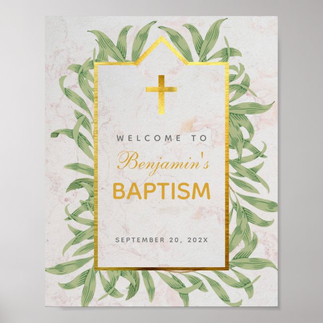 Greenery Marble Faux Gold Baptism Welcome Sign (Front)