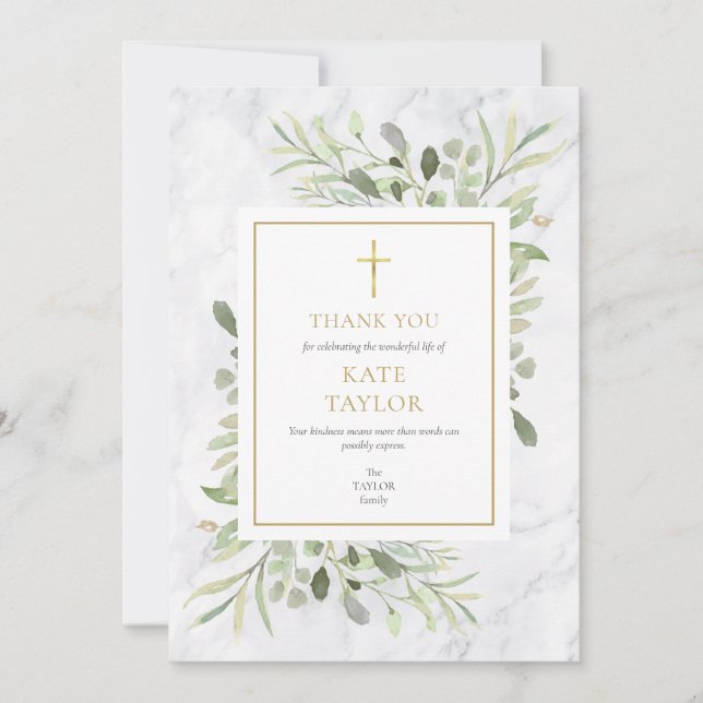 Greenery Marble Funeral Memorial Christian Thank You Card (Front)