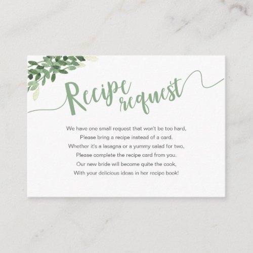 Greenery Mason Jar Bridal Shower Recipe Request Enclosure Card