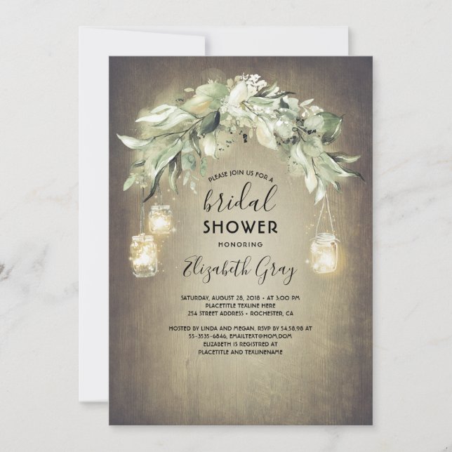Greenery Mason Jar Lights Rustic Bridal Shower Invitation (Front)