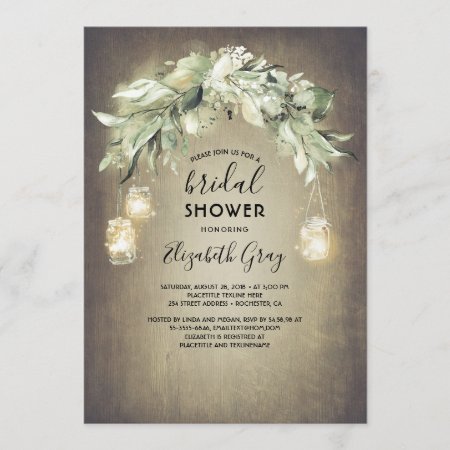 Greenery Mason Jar Lights Rustic Bridal Shower Invitation