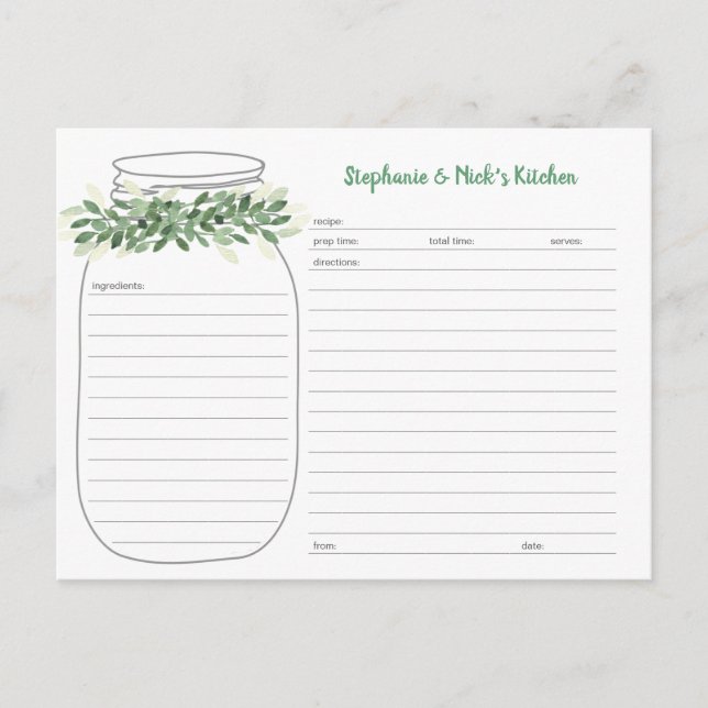 Greenery Mason Jar Recipe Cards (Front)