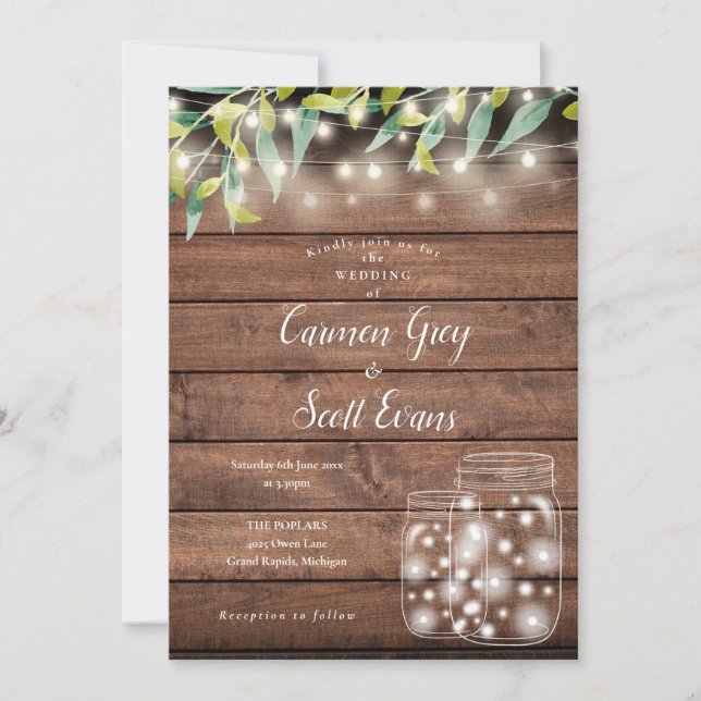 Greenery Mason Jar String Lights Wood Wedding Invitation (Front)