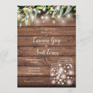 Greenery Mason Jar String Lights Wood Wedding Invitation