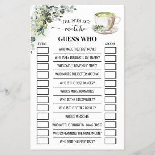 Greenery Matcha Guess Who Bridal Shower Game Card Flyer