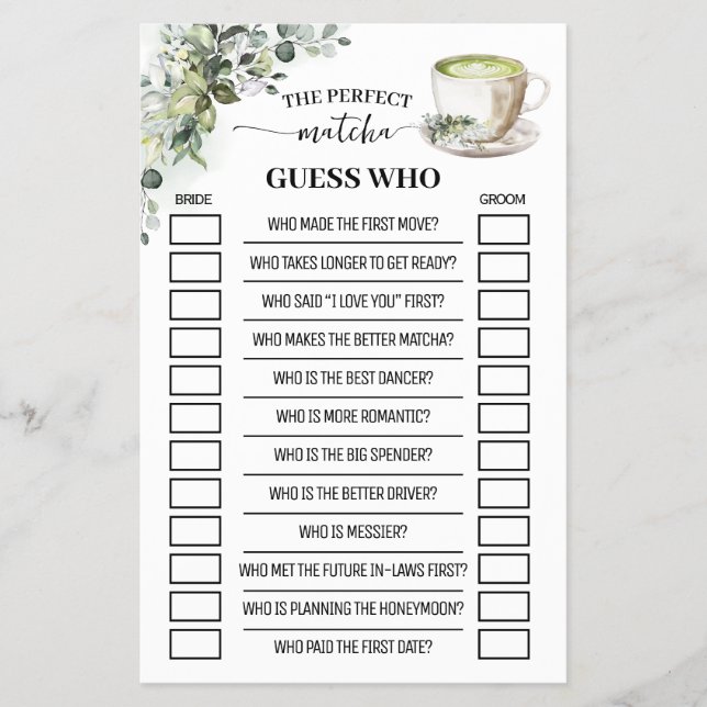 Greenery Matcha Guess Who Bridal Shower Game Card Flyer (Front)