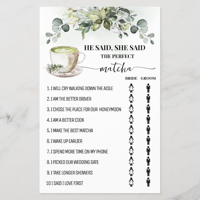 Greenery Matcha He Said She Said Shower Game Card Flyer (Front)