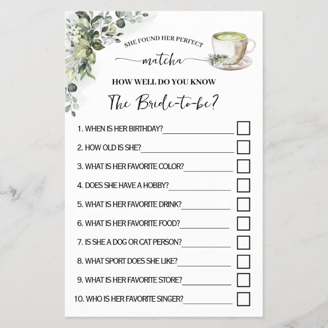 Greenery Matcha How Well Do You Know Her Game Card Flyer (Front)