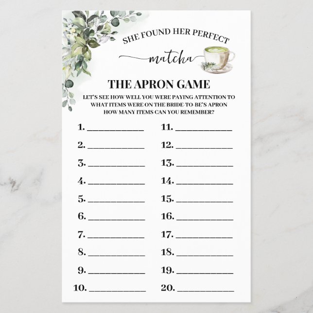 Greenery Matcha The Apron Bridal Shower Game Card Flyer (Front)
