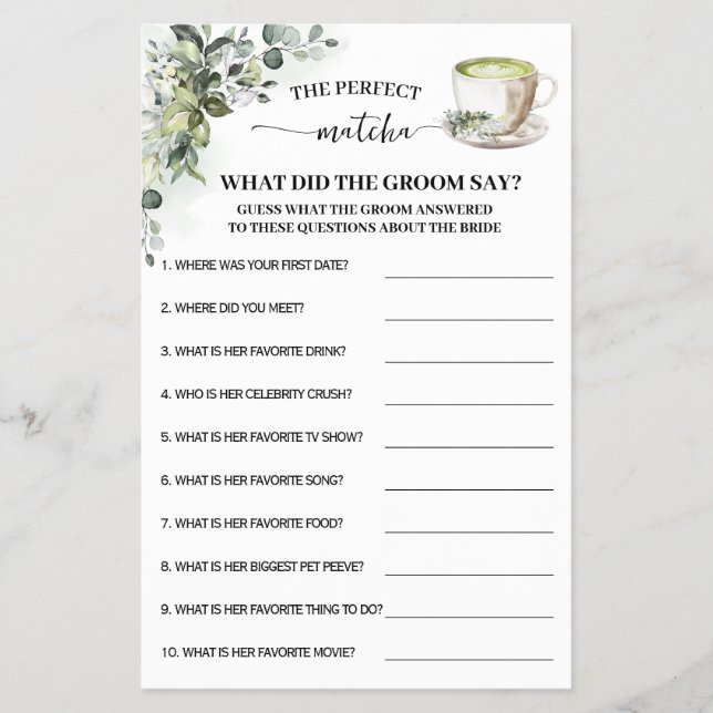Greenery Matcha What Groom Say Shower Game Card Flyer (Front)