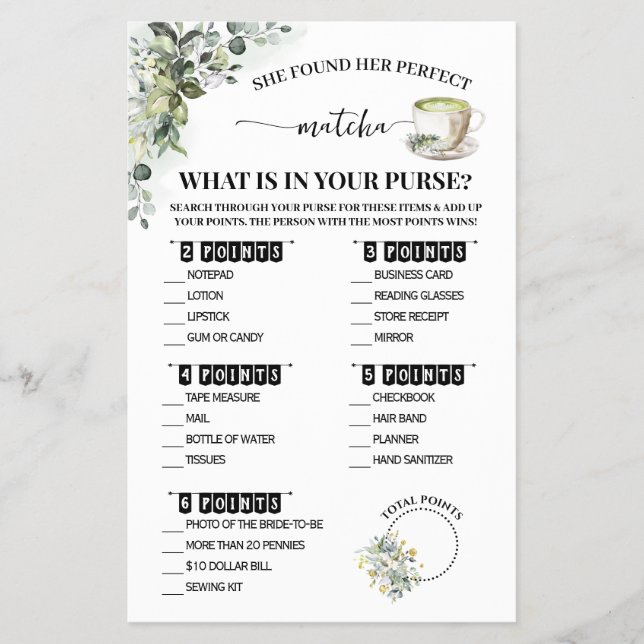 Greenery Matcha What is in Purse Shower Game Card Flyer (Front)