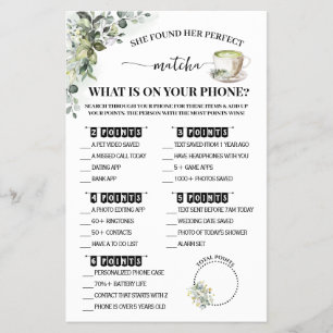 Greenery Matcha What is on Phone Shower Game Card Flyer